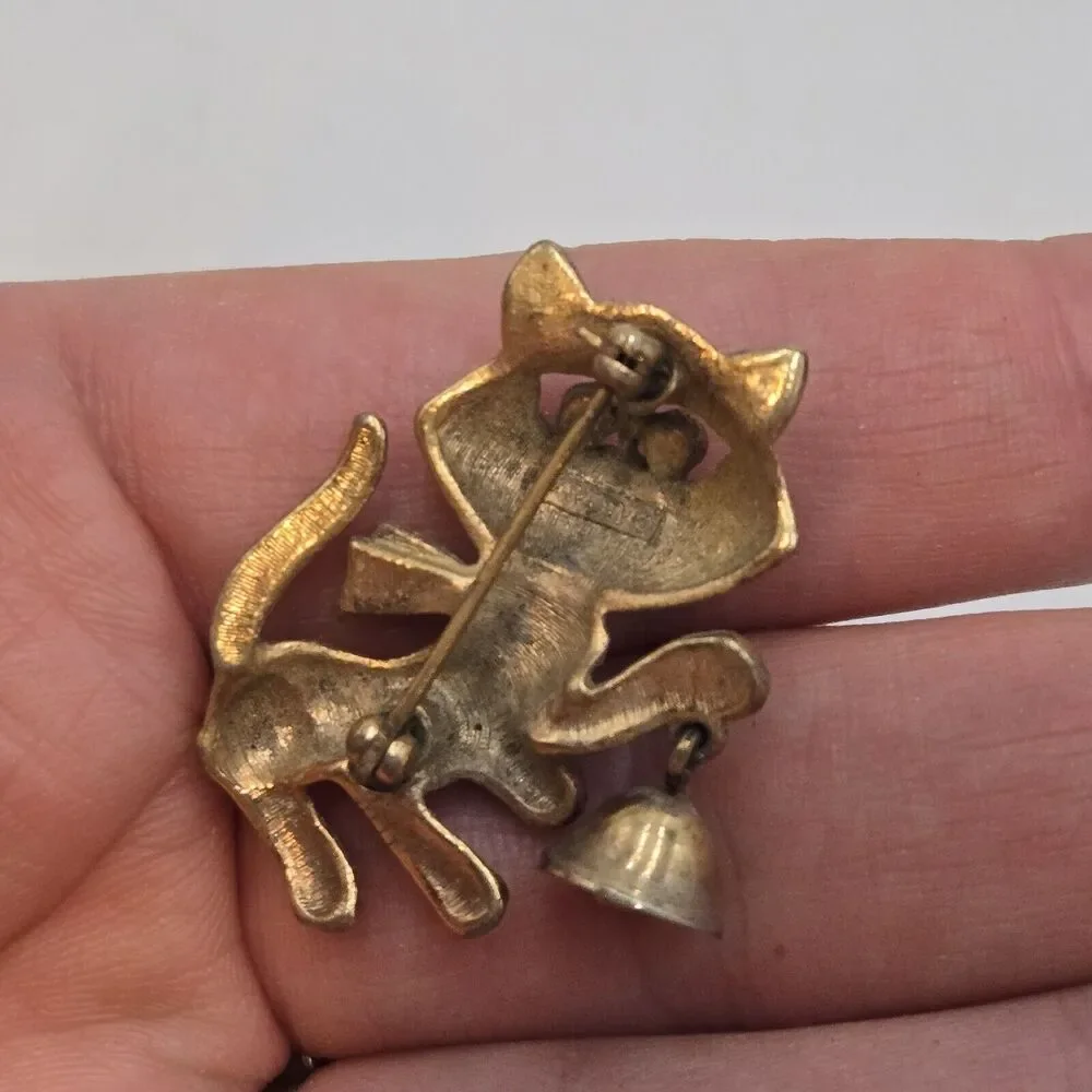 Vintage Avon Cat with Bell and Articulated Mouse Pins Scatter Set Of 2 Gold Tone